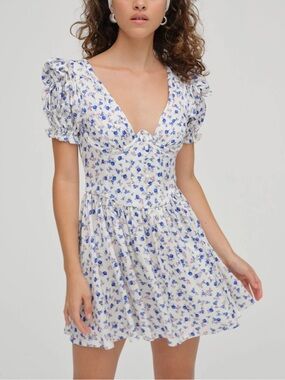 For Love & Lemons Paulina Puff-Sleeve Mini Dress White & Blue Floral - L